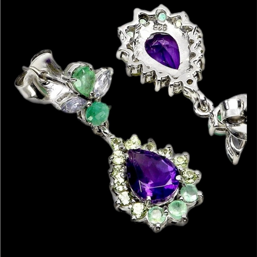 Genuine AA Amethyst, Emerald & Peridot & Tanzanite Gemstone Earrings - Picture 4 of 6